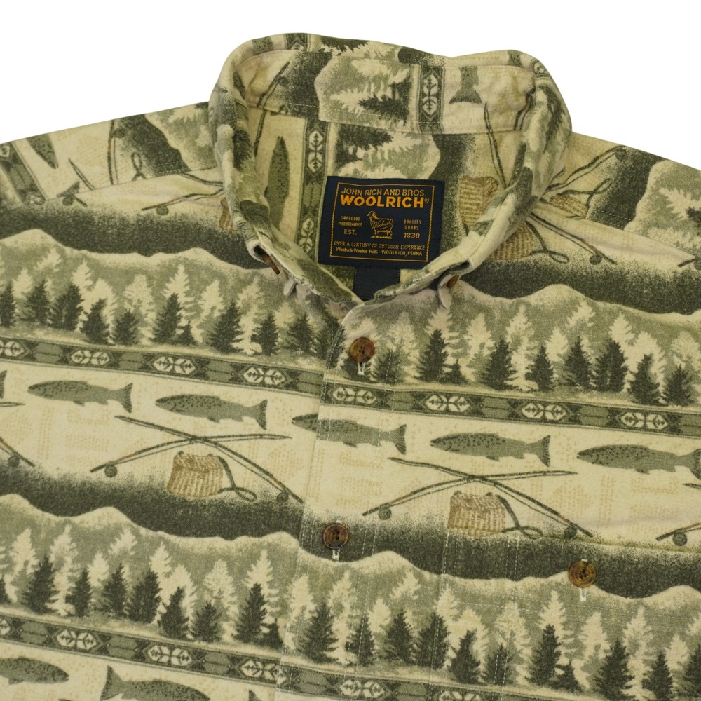 Woolrich Button Up Shirt Mens XL Long Sleeve Fishing Trout Forest Tree Print